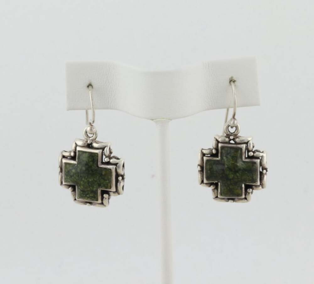 Sterling Silver Green Gemstone Cross Earrings Dangle Drop 1 3/8" x 3/4"